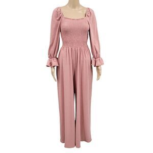 Blue Buttercup Dusty Rose Pink Smocked Bodice Long Sleeve Wide Leg Jumpsuit